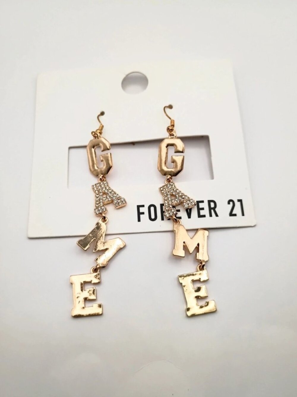FOREVER 21 Gold Rhinestone GAME Dangle Drop Statement Earrings